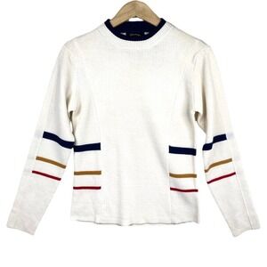 Vintage Obermeyer Cream Wool Blend Red Blue Stripe Crew Neck Sweater Size Medium